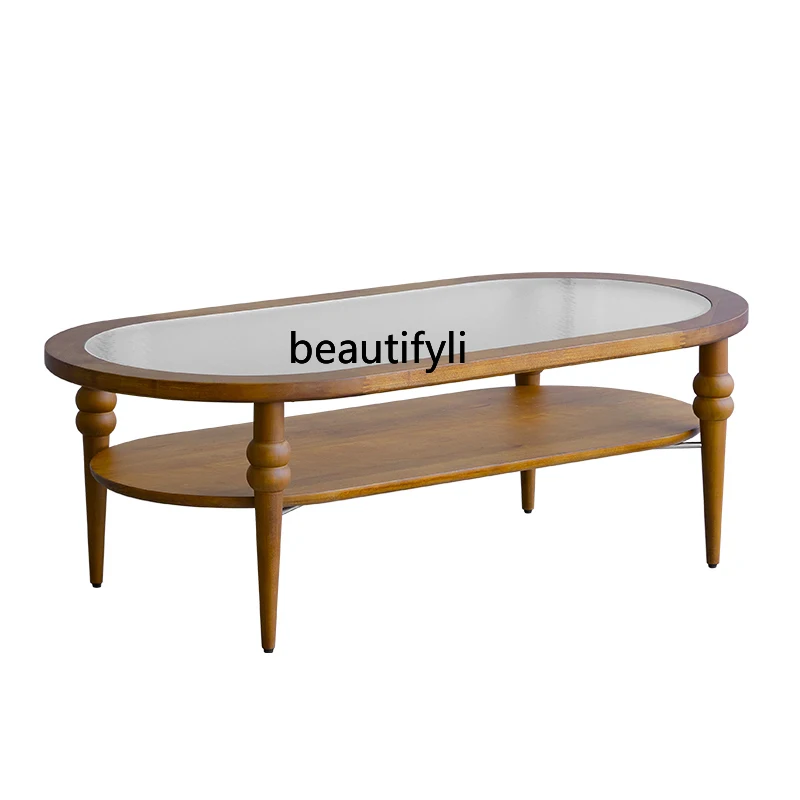 

CXH Solid Wood round Coffee Table Log Living Room Simple Vintage Furniture Double Oval Coffee Table