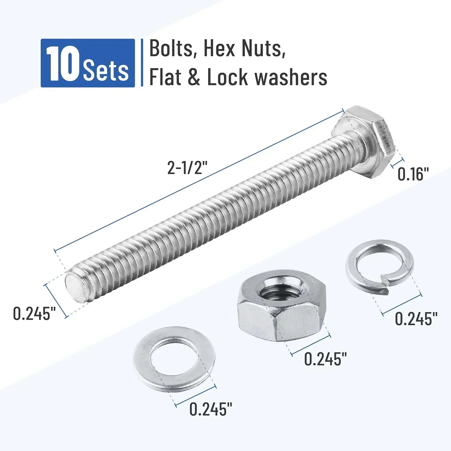 10 Sets of M6 Nut and Bolt Combinations, 25/32/38/50/75 MM, 304 Stainless Steel, Hex Head Nut, Bolt Sets, Flat Washers, Lock Was
