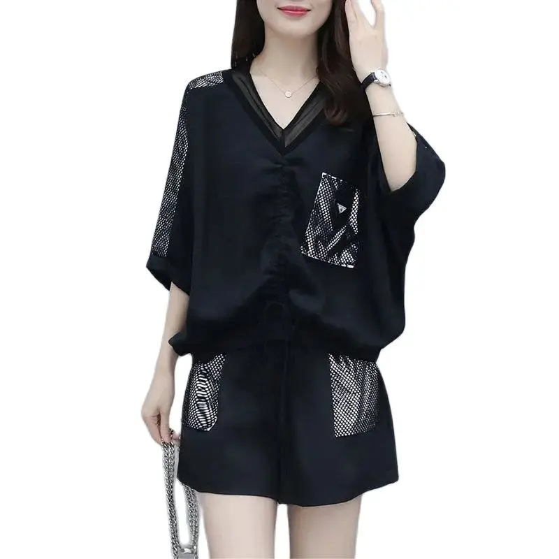 

Women Shorts Sets Black 5XL Fashion Ins Loose Short Sleeved Shorts Suit Summer Fat MM Was Thin Age Reducing Two Piece Sets Lady