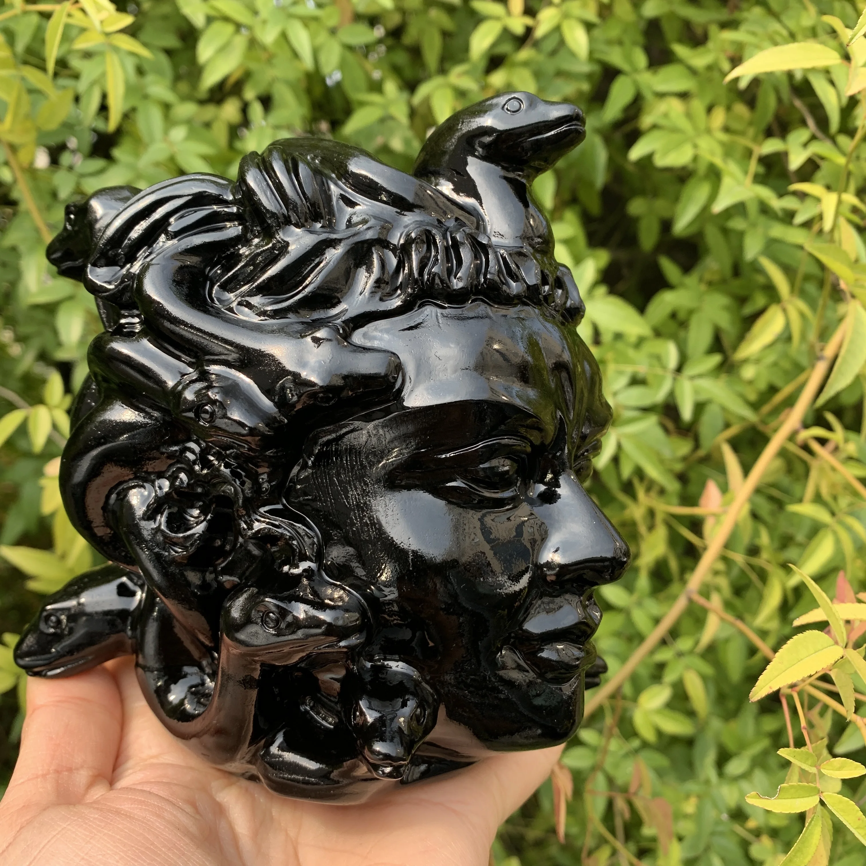 Natural Black Obsidian Carved Medusa Head Portrait Crystal Stone Statue for Wicca Decoration