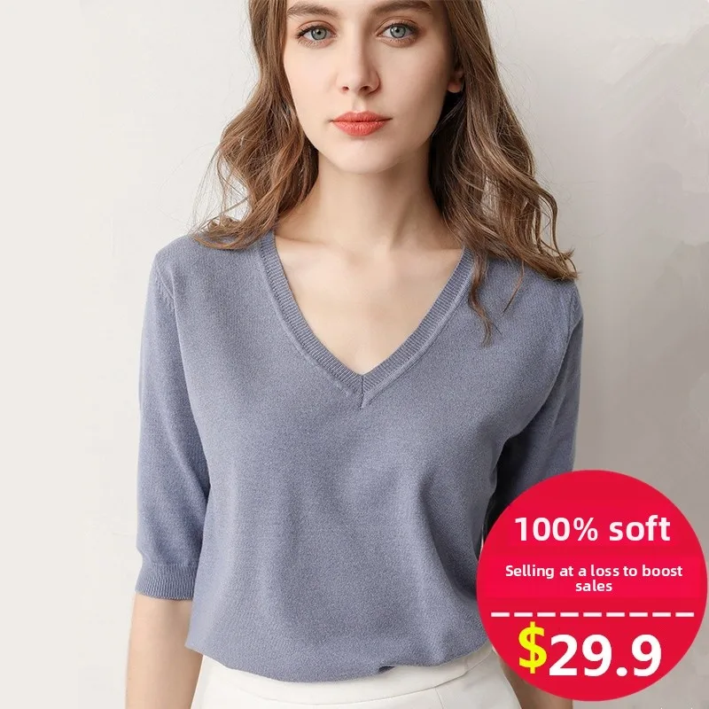 

Spring Summer Women's V-Neck Short Sleeve Knitwear Loose Fit Thin Base Shirt Five-Quarter Sleeve Woolen Top Commute Style