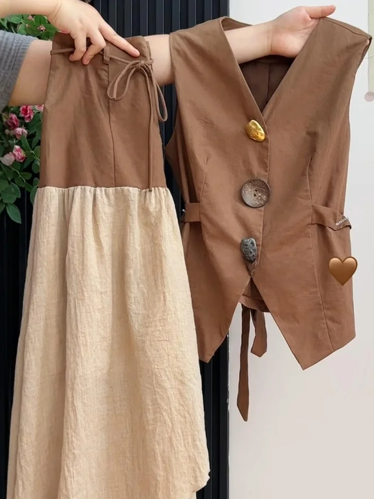 

Retro Korean Linen Set Women Summer Simple Elegance Sleeveless Tank Top High Waist Slimming Skirt Two Piece Set