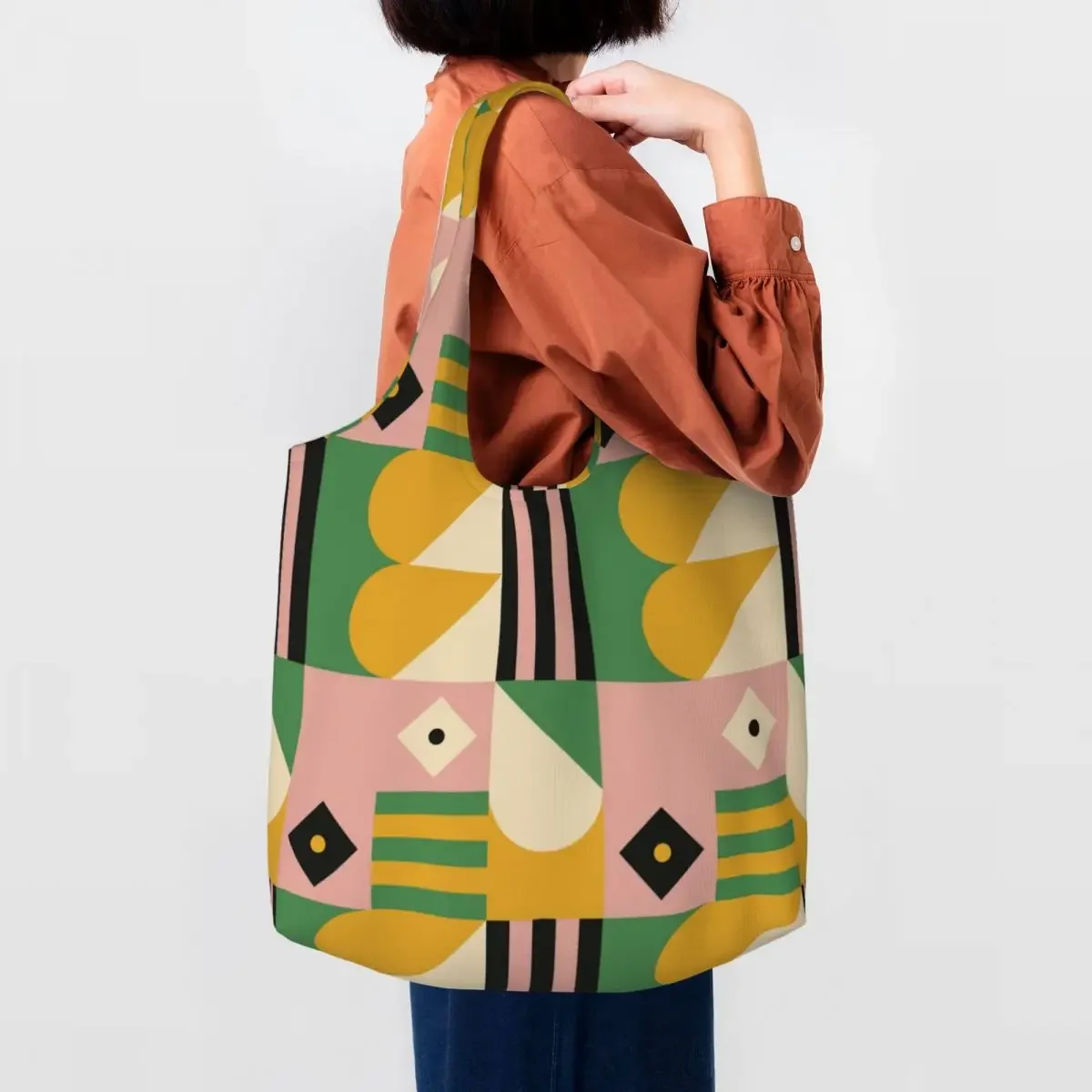 Bauhaus Color Block Geometric Line Modern Canvas Shopping Bags Women Big Capacity Groceries Minimalist Tote Shopper Bags Handbag