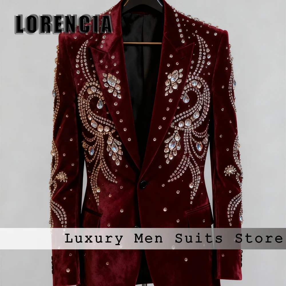 

Exquisite Jewelry Suits for Men 2 Pieces Crystal Wedding Party Groom Tuxedo Set Customized Blazer Pants jaqueta masculina couro
