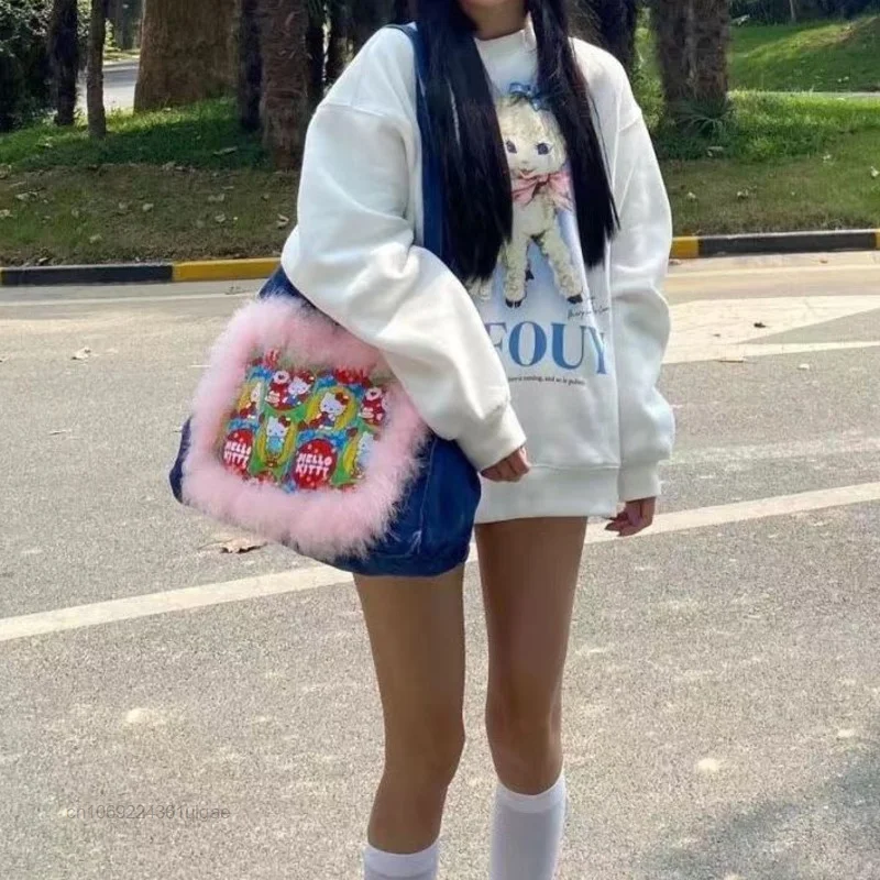 Sanrio Hello Kitty Denim Bags High Capacity Vintage Tote Women Luxury Handbag Y2k Street Fashion Shoulder Bag Aesthetic Handbags