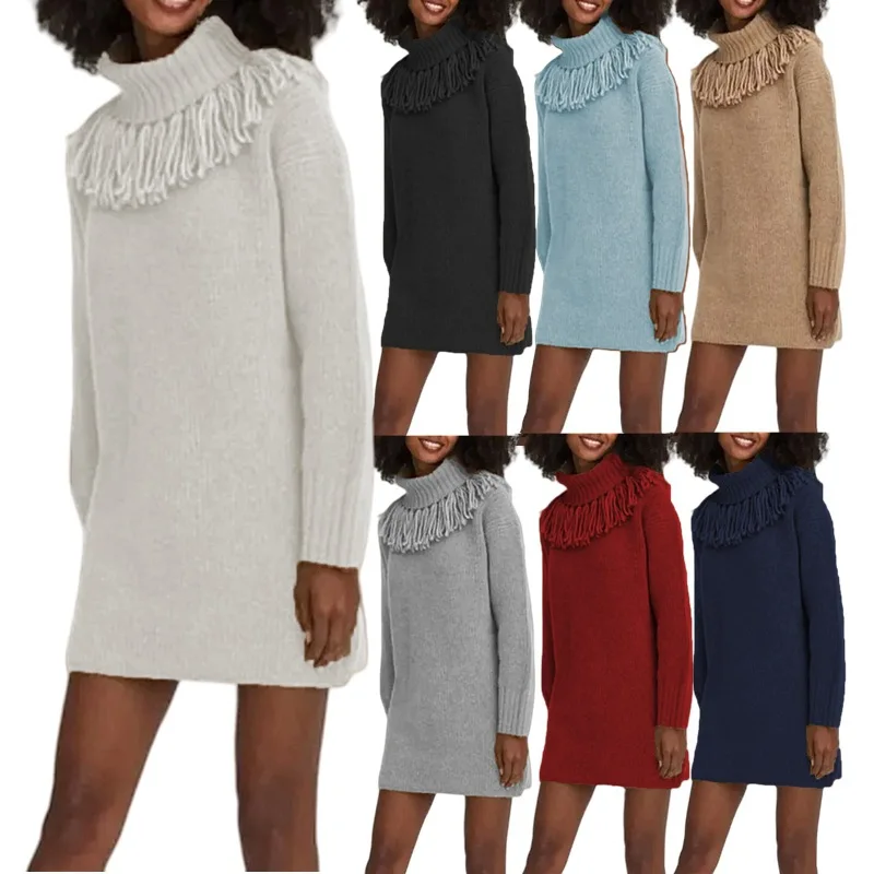 Autumn Winter Knitted Loose Long Sleeve High Collar Tassel Sweater Women's Open Cardigan Fashion Outerwear Dress