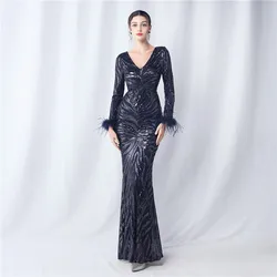 Luxury Women Party Dress Evening Ladies Full Sleeve Sequin Deep V Vestido Mermaid Female Backless Gala Elegant Ball Gown Banquet