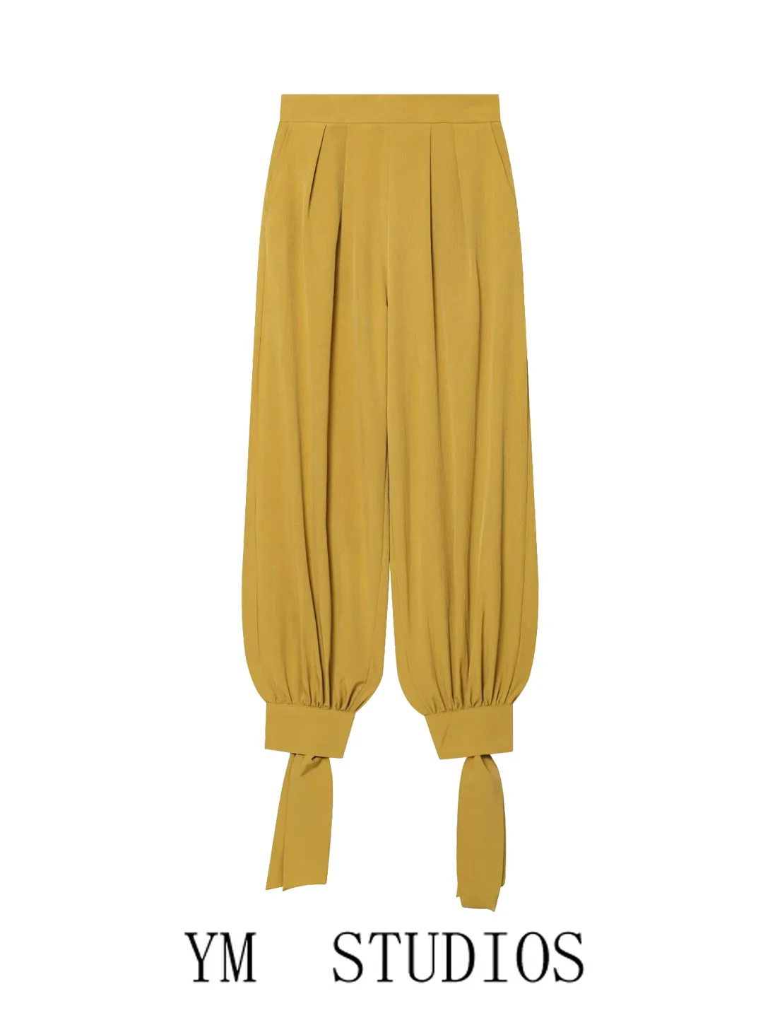 Yellow Simple Style Women's Lantern Pants  Knot Decorated Drapey Casual Long Trousers Ladies Fashion Polyester Fiber