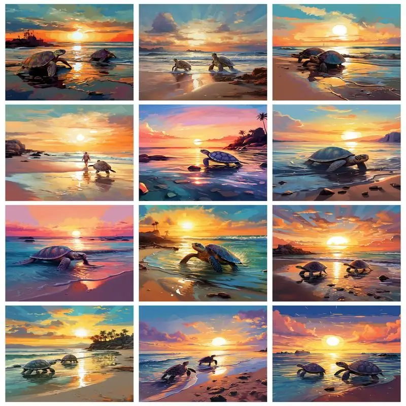 

CHENISTORY DIY Oil Painting By Numbers Turtles on the Beach Home Decoration Pictures By Numbers For Adults Handpainted Artwork