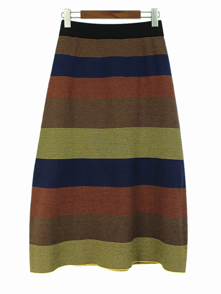 High Elastic Waist Green Striped Color-block Knitting Half-body Skirt Women Fashion Tide New Spring Autumn