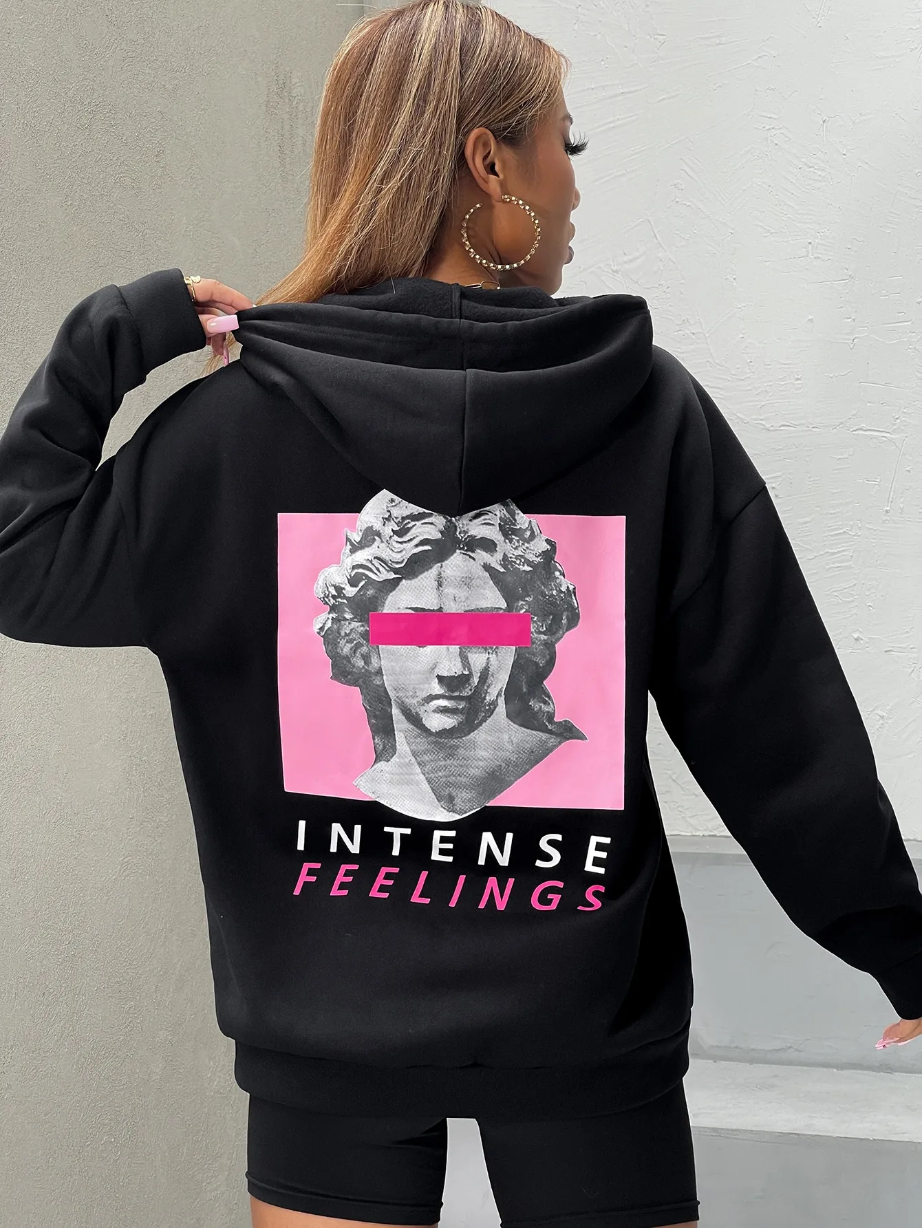 Intense Feelings Creative Sculpture Printing Hoody Women Personality Street Style Sweatshirt Fashion Warm Hooded Casual New Top