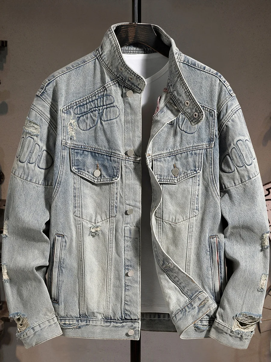 

Retro Cool Men's Denim Jaet Loose Fit Waed Heavyweight Stand Collar Workwear American High Street Trend Outerwear