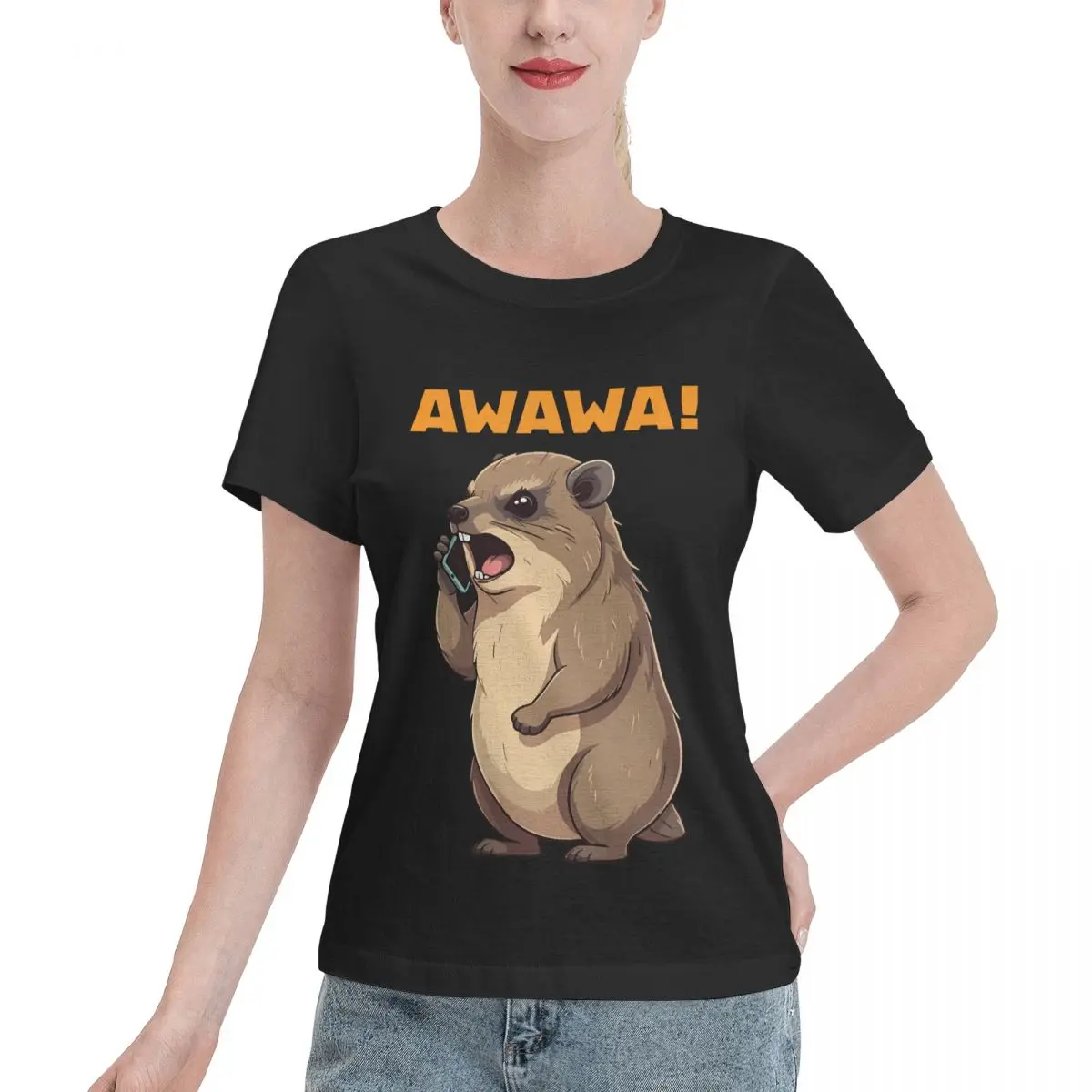 Durable Wear Rock Hyrax Awawa Funny On Phone Groundhog Women's T-shirt Autumn Outfit Outdoor Casual Top
