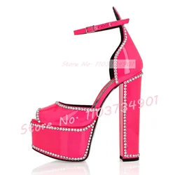 Crystal Trim Peep Toe Platform Sandals Women Classy Block High Heels Glitter Ankle Strap Shoes Classy Party Shimmer Sandals