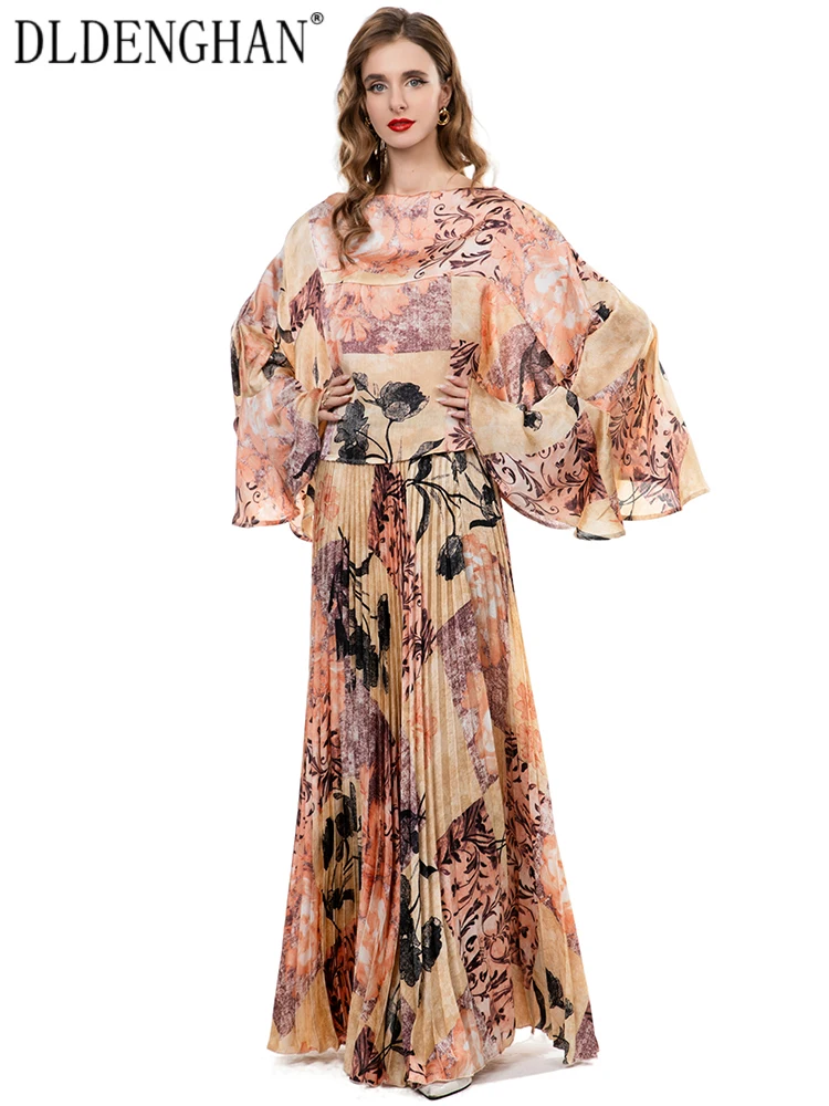 

DLDENGHAN Women's O-Neck Flare Sleeve Top + Elastic Waist Pleated Long Skirt Bohemian Print Two-Piece Set Summer Fashion Female