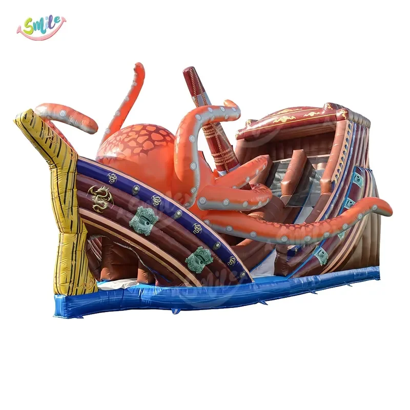 Commercial Grade Pirate Ship Inflatable Bounce House Kraken Octopus Slide Sea Monster Theme for Party Rental Business