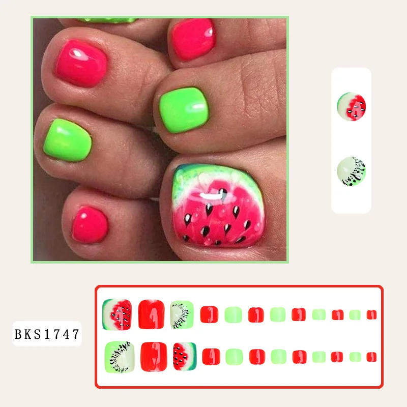 24pcs Summer Watermelon Pattern Fake Toenails Full Cover Press on Toenail Patch Green Red Sqaure Fake Toenail Tips Wearable