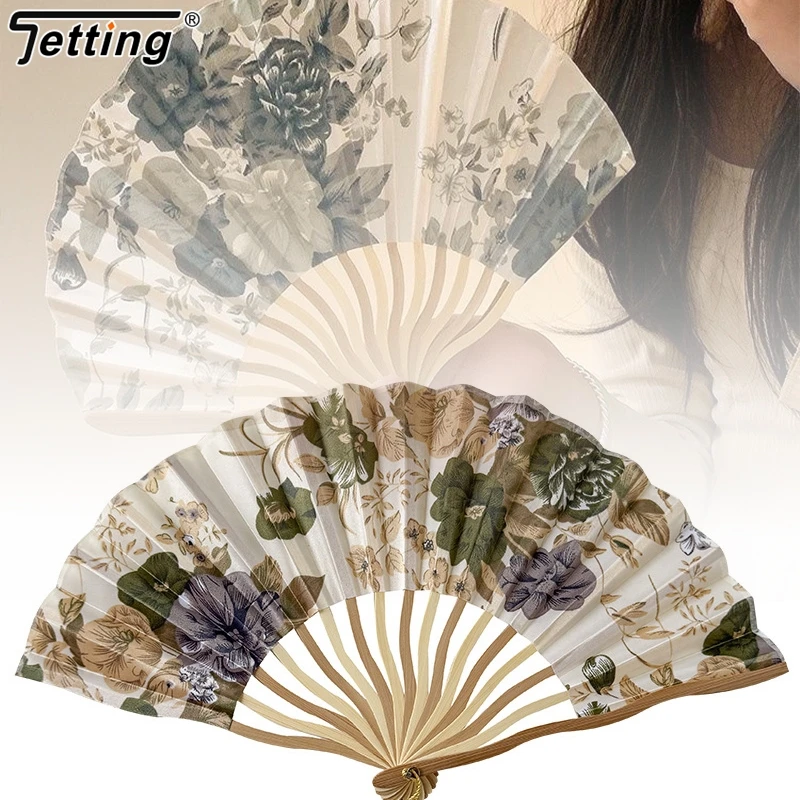 Chinese Style Silk Flower Fan Hand Fold Fan Art Dance Hand Props Vintage Bamboo Folding Hand Held Fan Wedding Decoration Gifts