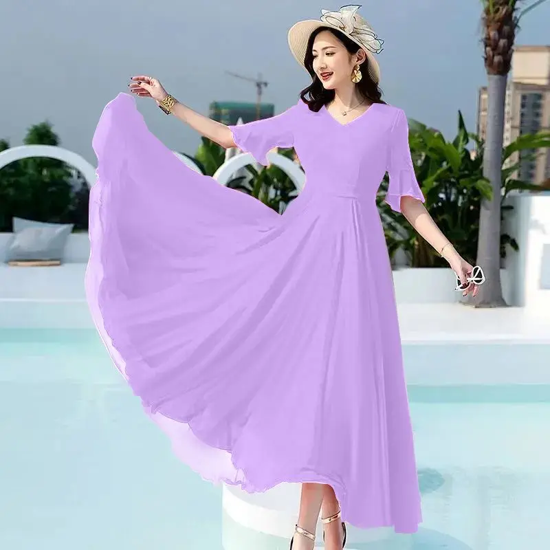 

2023 Summer Women Long Dress Short Sleeve V Neck 5XL Chiffon Sundress Maxi Evening Ladies Bohemian Party Dress Vestidos Clothing