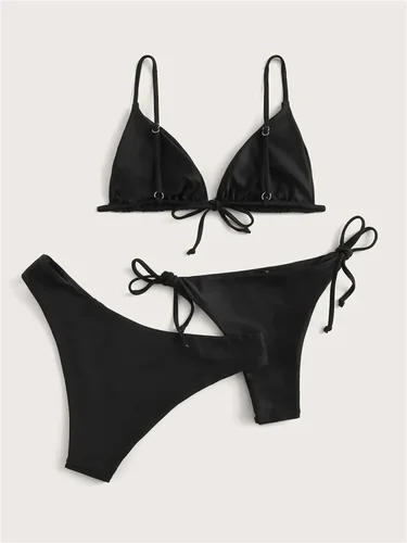 Imagen 2 del producto Bikini negro, traje de baño extremo, traje de baño triangular Sexy con cordón, conjunto de Bikinis de 3 piezas, traje de baño para mujer, Tangas de playa, Bikinis femeninos