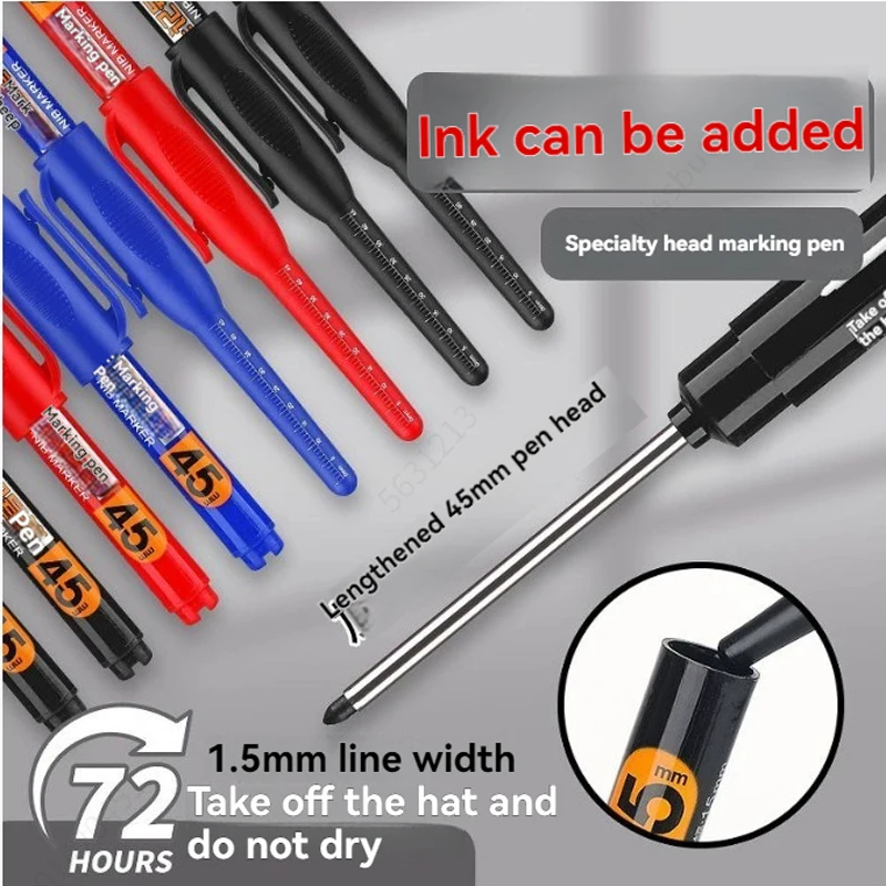 

45mm Deep Hole Long Nib Head Marker Pen Metal Perforating Pen, Waterproof, For Bathroom Woodworking Decor Multi-Purpose Tool