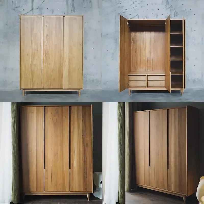 Handless solid wood wardrobe integrated handle walnut oak wardrobe door bedroom large clothing storage cabinet