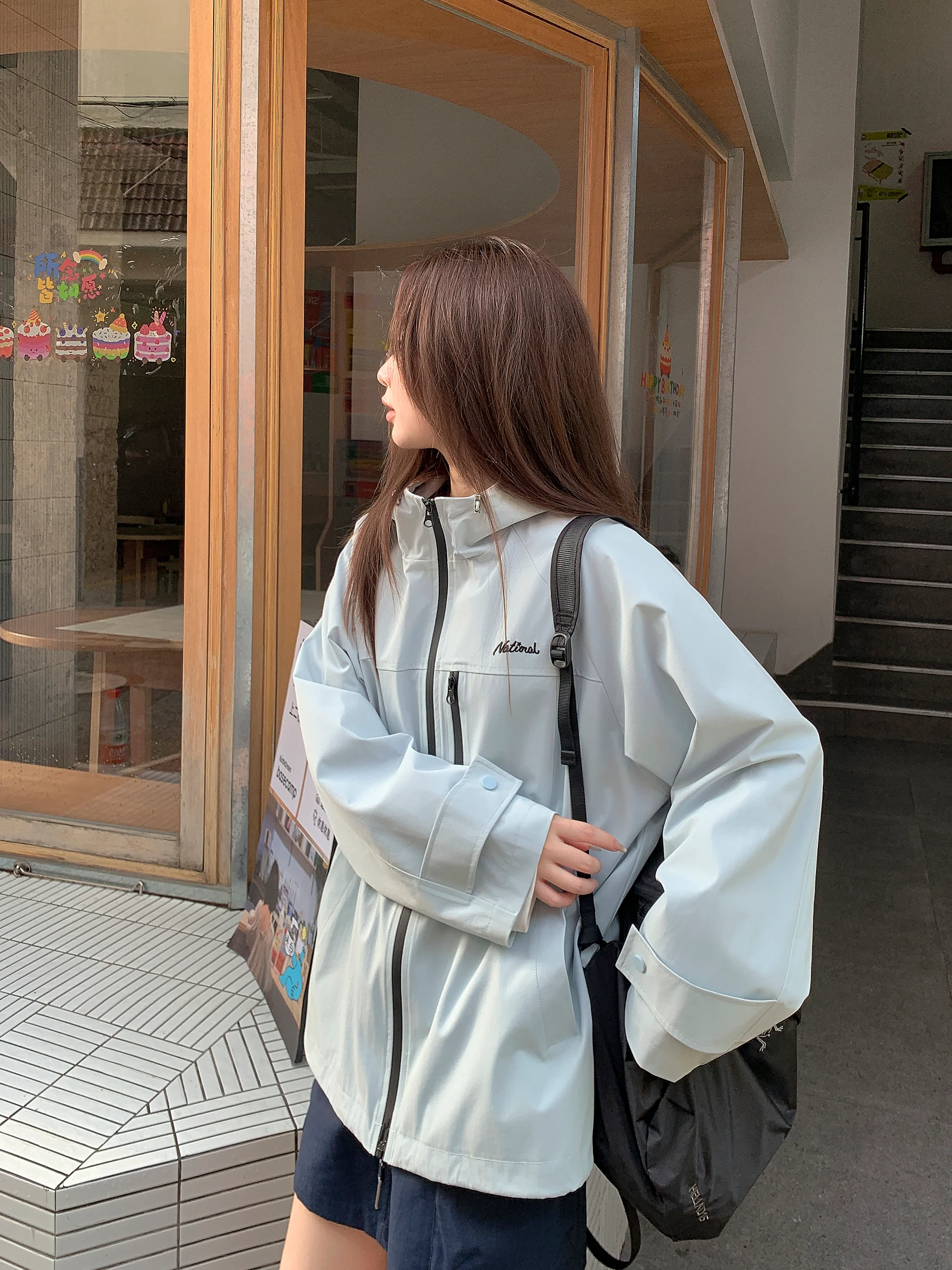 

Casual Windproof ort Jaet with Hood Zipper for Women Spring New Sle Simple Sle Polyester Fiber Long Sve Coat