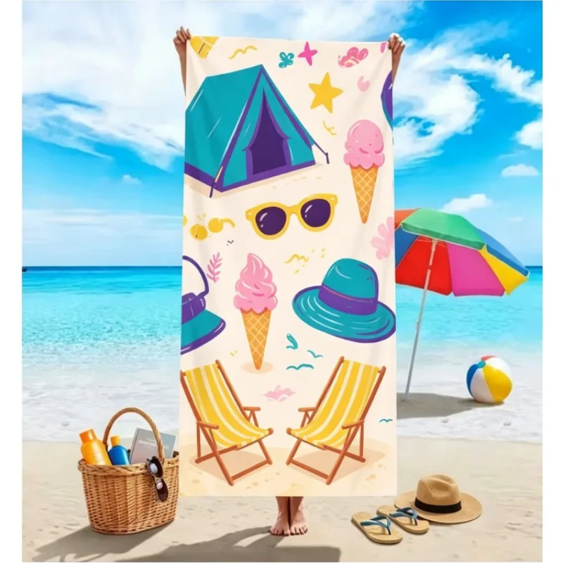 Retro Summer Beach Towel, Microfiber Sand Free Quick Dry, Colorful Bucket & Spade Print, Soft Absorbent for Kids & Pool
