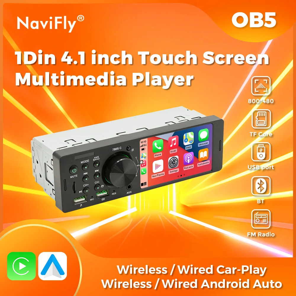 

NaviFly 4,1 дюйма, проводной/беспроводной CarPlay, Android Auto, универсальный 1-диночный автомобильный радиоприемник, мультимедийное видео, MP5, FM-стереокамера, BT USB