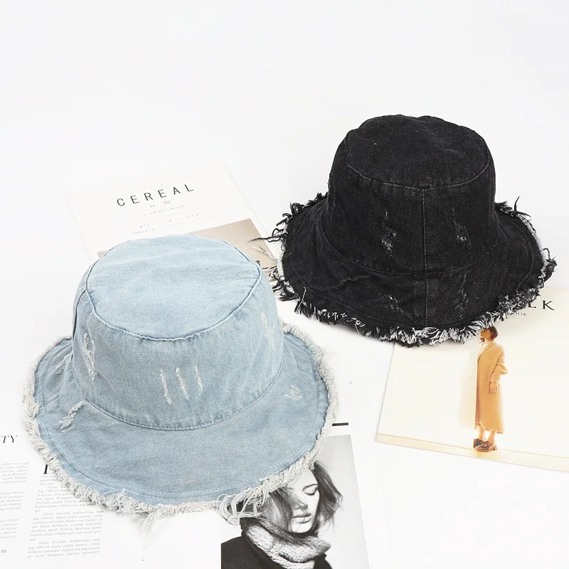 New Denim Bucket Hat with Frayed Edges Fisherman Cap Hats for Women Gorro Sun Fishing Caps Gorras Casquette Gorra Muts Chapeau