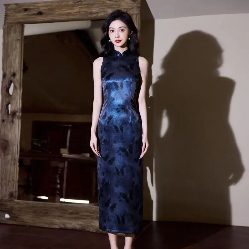 Women Sexy Qipao Satin Print Animal Mandarin Collar Cheongsam Vintage Button Elegant Vestidos Slim Sleeveless Chinese Dress