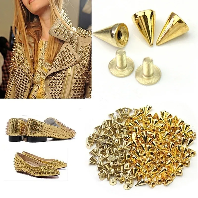 

100Pcs Black Gold Silver Cone Studs and Spikes DIY Craft Cool Punk Garment Rivets for Clothes Bag Shoes Leather DIY Handcraft