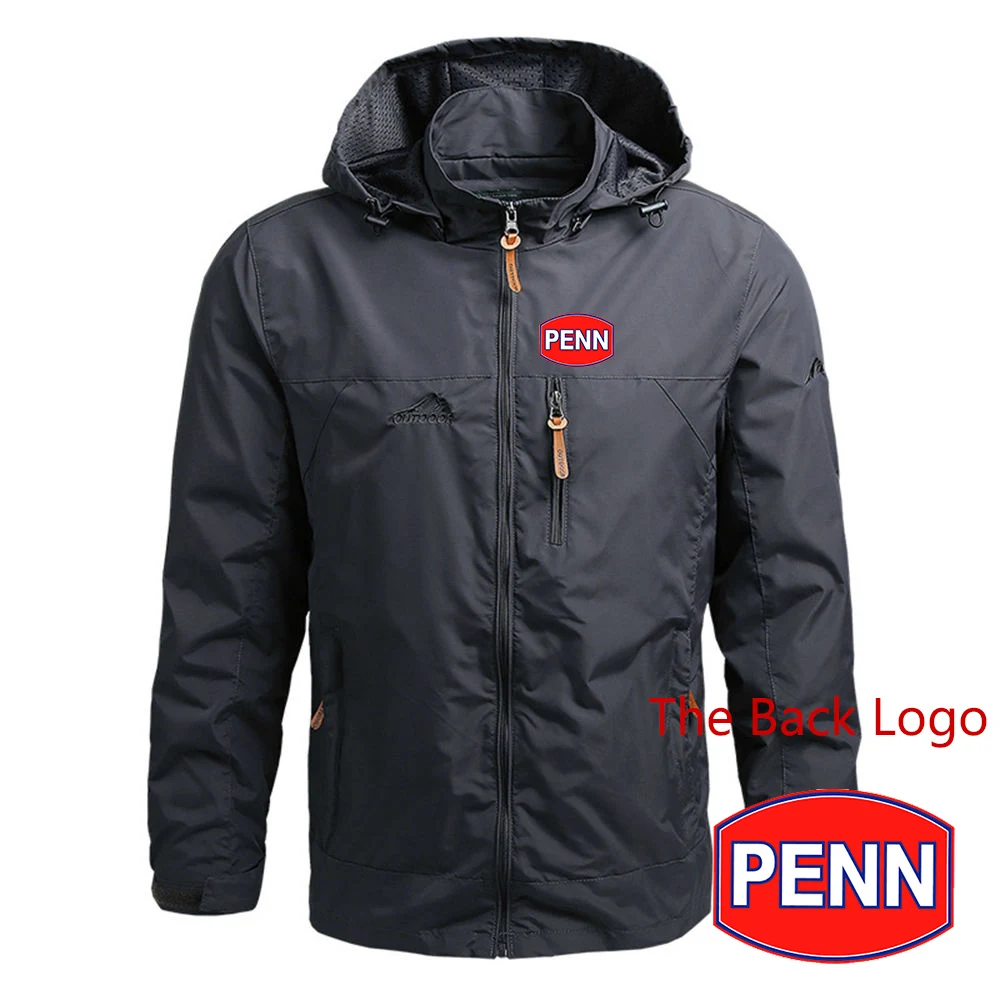 2024 Spring Autumn Men's Penn Fishing Reel Logo Printed Outdoor Popular Solid Color Waterproof Detachable Hat Windbreaker Jacket