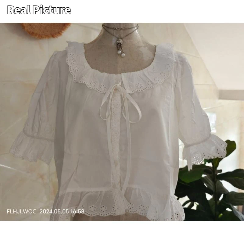 Loose Cotton Tops Short New Design 2024 Woman Summer Short Sleeve Ruffles Casual Hollow Out White Lace Shirts