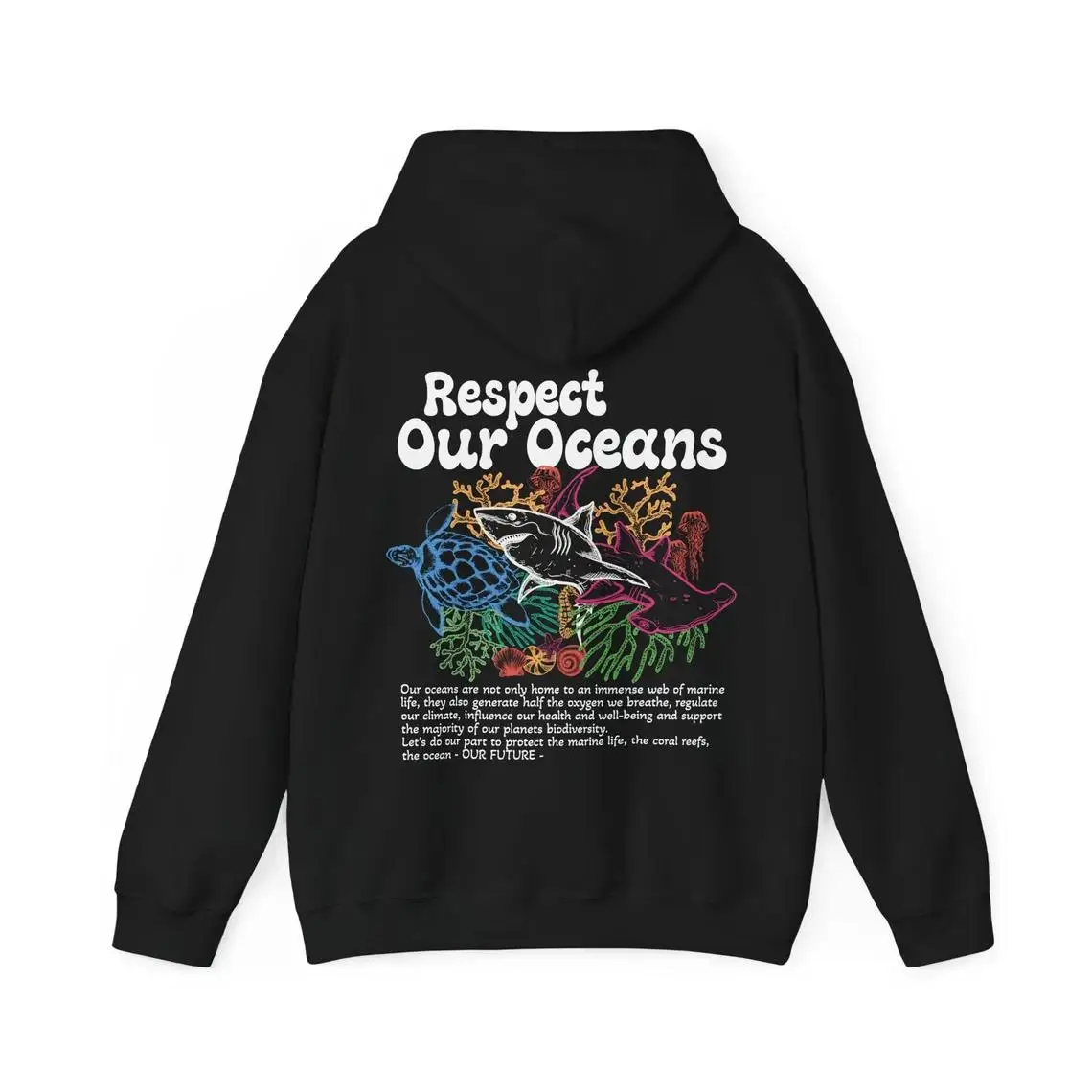 Respect Our Oceans Manga Hoodie Women Unisex Oversized Long Sleeves Sweatshirts Shark Save The Ocean Cartoon Print Streetwear