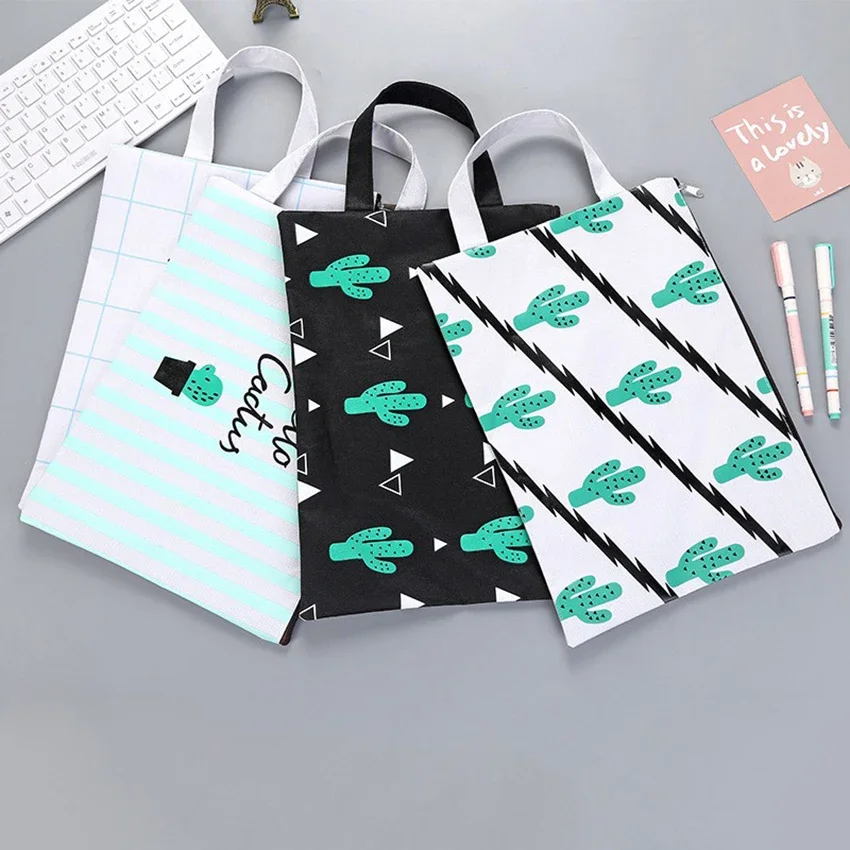 Cactus File Folder Document Bag A4 Paper Holder Grid Canvas Zipper Handbag Student Cute Stationery School Office Supplies