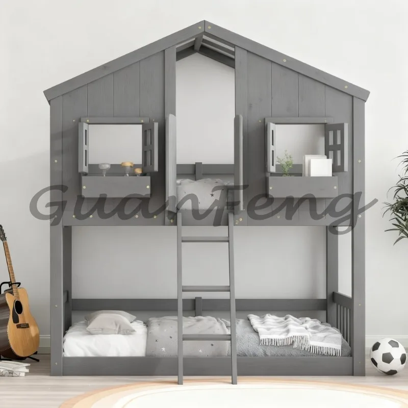 Wooden Twin Over Twin House Bunk Bed, Roof Window & Door Design with Safety Guardrails & Built-in Ladder