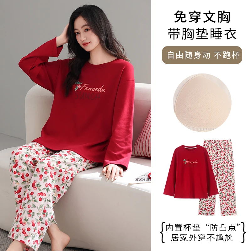 

Newest Spring and Autumn Women 100% Cotton Pyjamas Female Long Sleeve Sleepwear With Chest Pad
