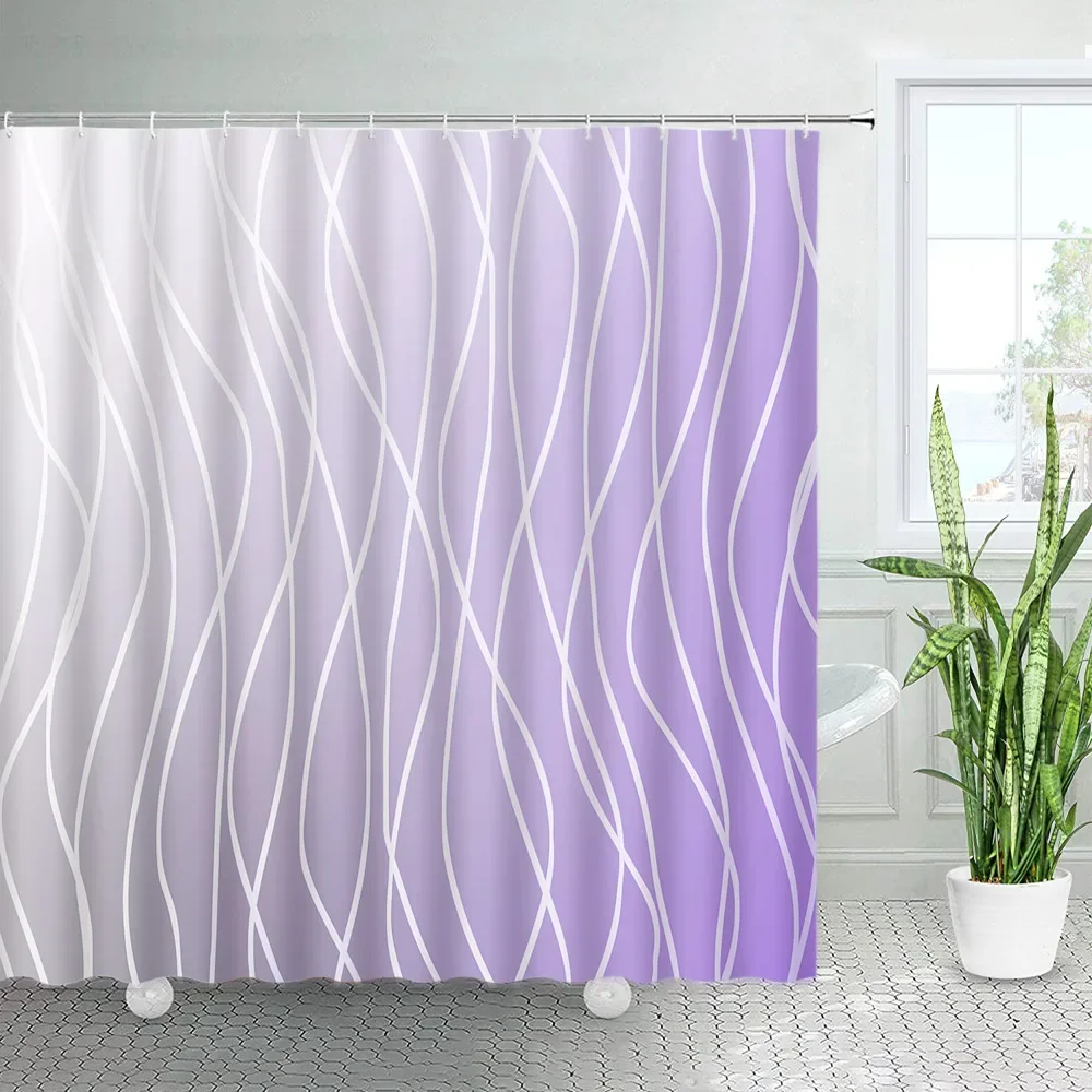 Creative Ombre Shower Curtains White Line Geometric Bath Curtain Blue Purple Modern Minimalist Fabric Print Bathroom Decor Sets