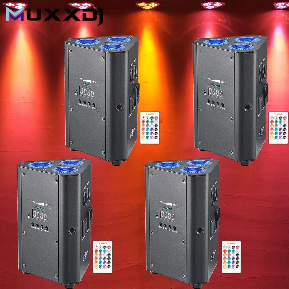 

MUXXDJ 4Pcs RGBAW UV 6in1 Battery Par Light 3X18W Triangle Wash Wall Light DMX512 Wireless Effect Light For Concert Disco Party