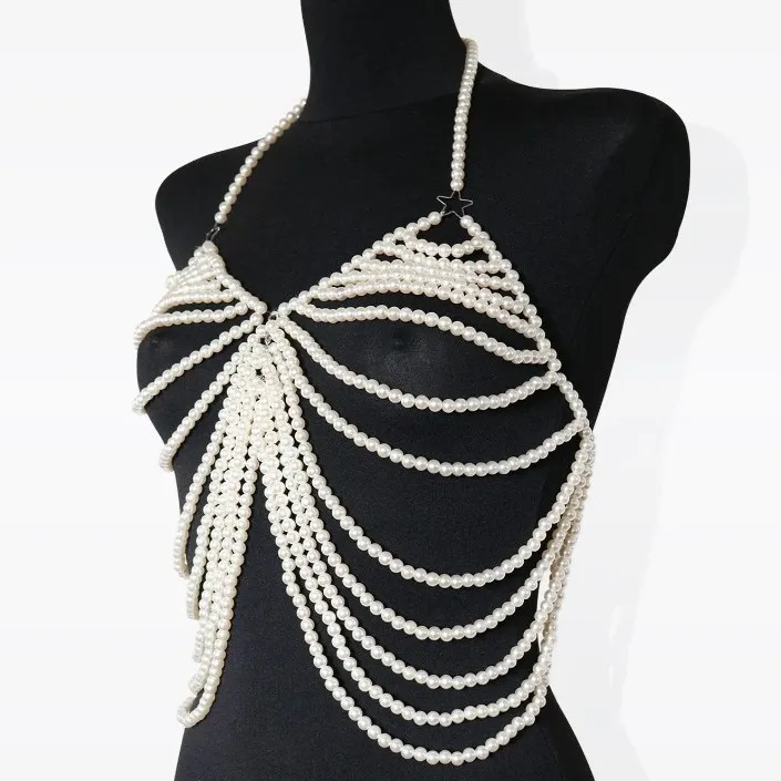 Multi-layer Parels Beha Keten Sieraden Halter Camis Tops Vrouwen Bikini Crop Zomer Party Backless Borst Body Chain Night Clubwear