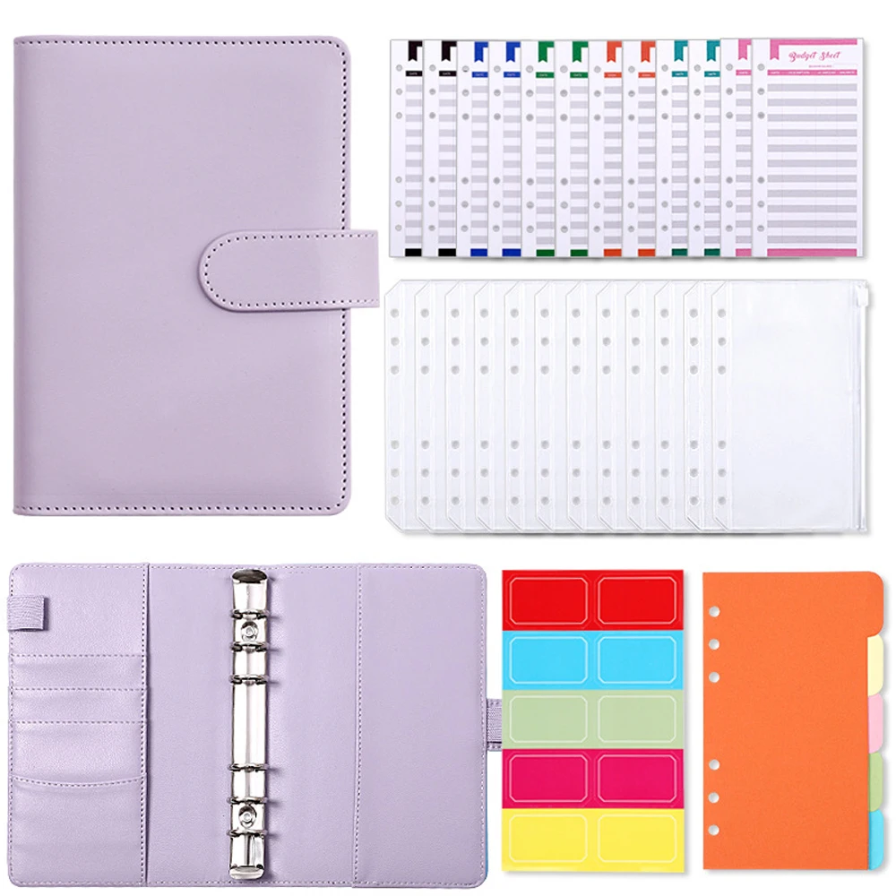 2024 Budget Binder A6 PU Leather Notebook Cash Envelopes System Set Clip-On Binder Pockets For Money Saving Bill Organizer Gifts