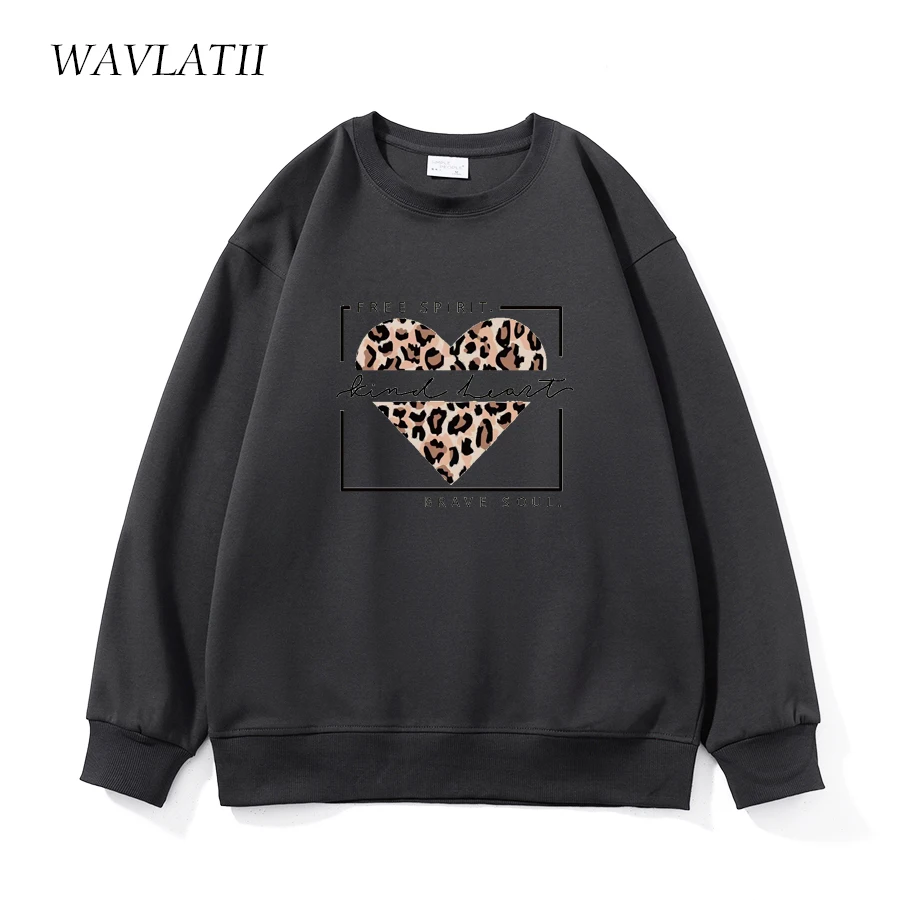 WAVLATII New Women Casual Cotton Sweatshirts Female Khaki Leopard Heart Printed Hoodie Lady Fashion Autumn Pullovers Tops WH2352