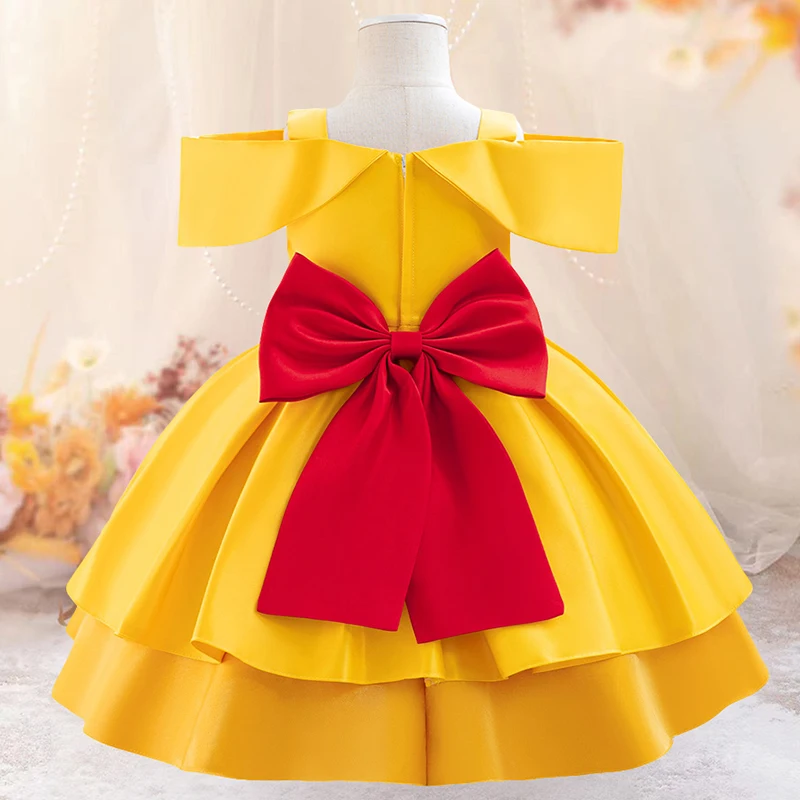 Vintage Girls Noble Princess Dress Cosplay Dresses Baby Girl Yellow Fashion Birthday Tutu Gown Toddler Embroidery Wear With Bow