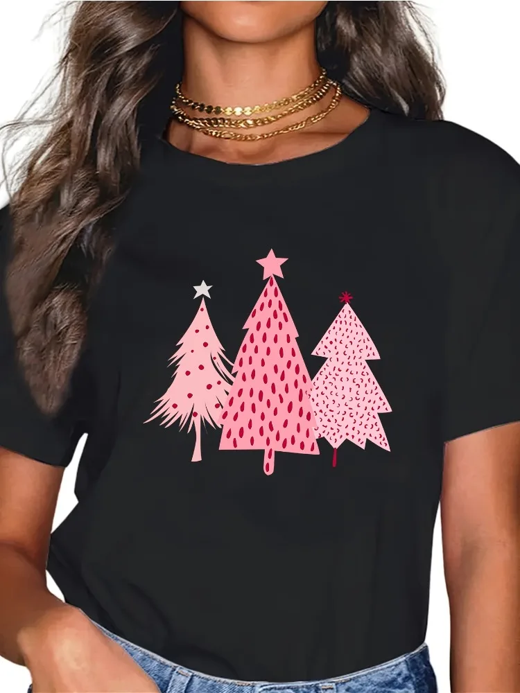 المرأة عارضة طاقم الرقبة تي شيرت هندسي الوردي شجرة عيد الميلاد نمط قصيرة الأكمام مريحة عيد الميلاد ارتداء لعوب السترة #1