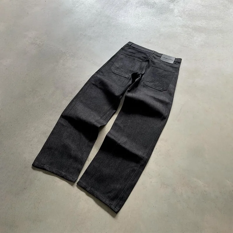 Y2K-pantalones vaqueros Vintage de alta calidad con patrón X abstracto, bolsillos traseros bordados, vaqueros de pierna recta negros, ropa de calle de moda para hombres y mujeres