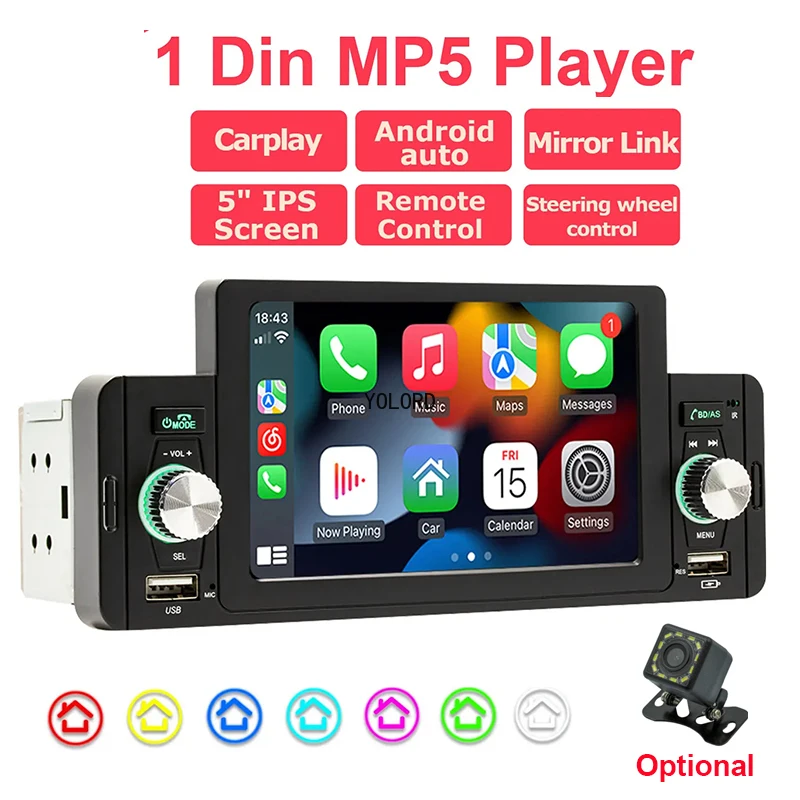 

Автомобильный радиоприемник 1Din MP5 плеер авторадио стерео 5-дюймовый IPS экран Carplay Mirror Link Bluetooth универсальный мультимедийный плеер
