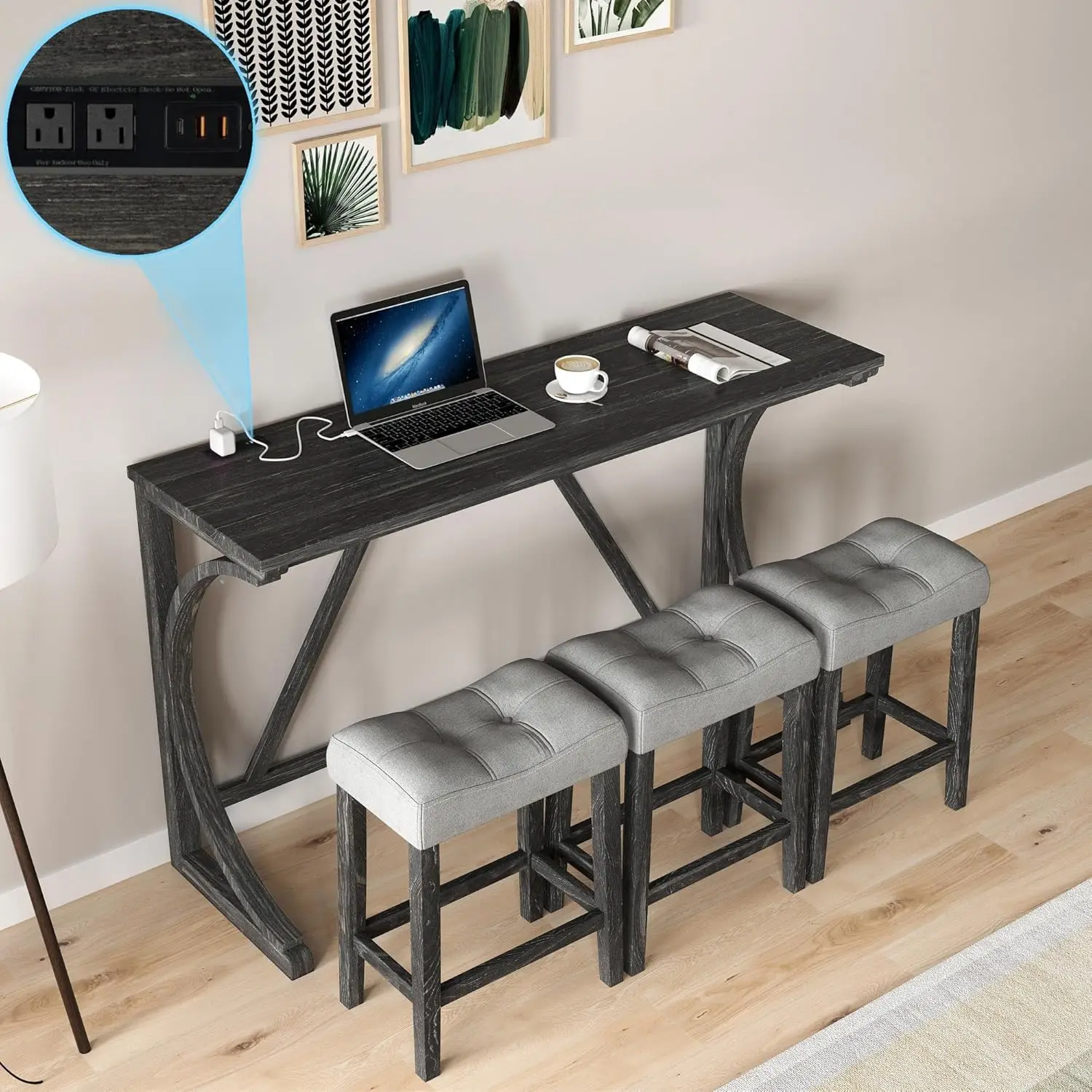 Farmhouse Counter Height Dining Set - Wood Table with Outlet & 3 Upholstered Stools, Black