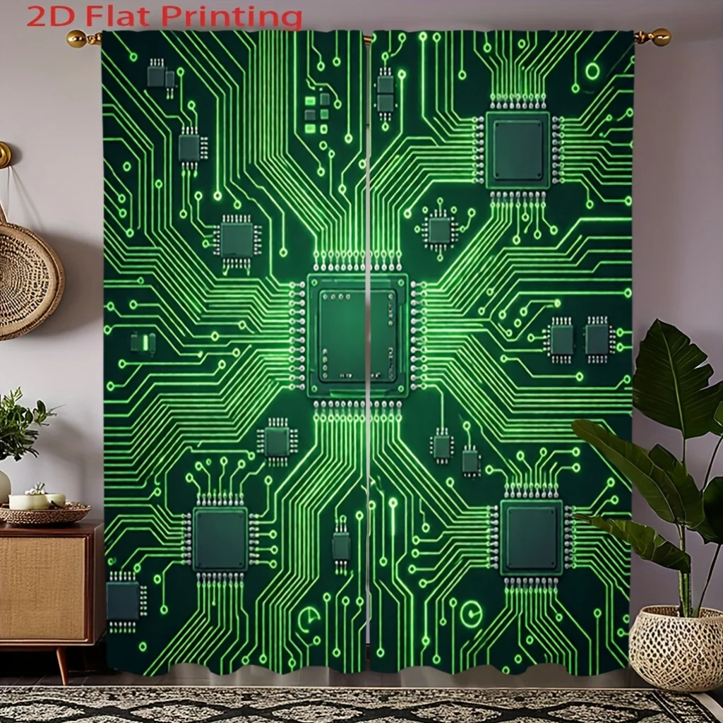 Green Circuit Board Curtains, Tech Motherboard Print Window Drapes, Cyberpunk Gamer Room Decor Blackout Fabric for Bedroom Study