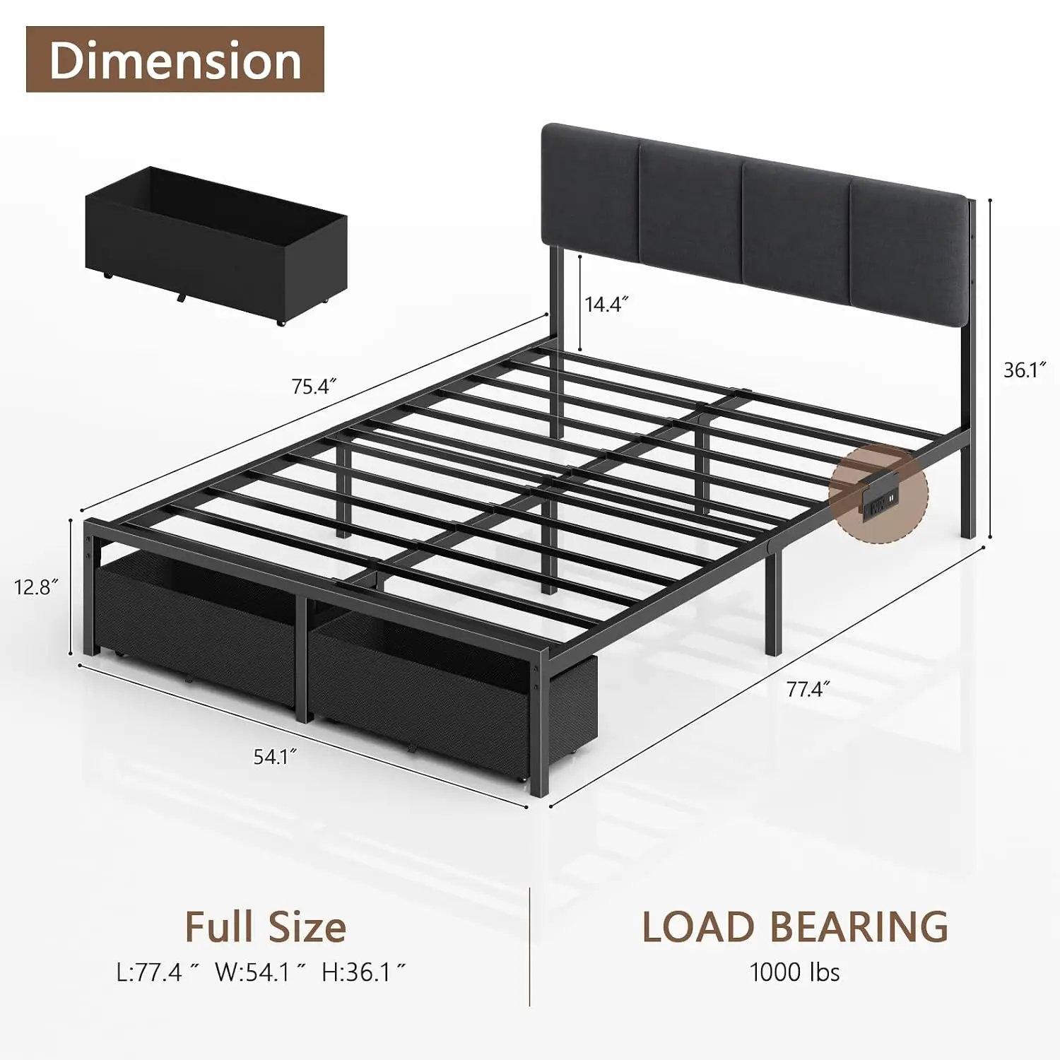 Full Size Bed Frame with Headboard, Upholstered Full Bed Frame with LED Light, USB Charging Station, Platform, Customized